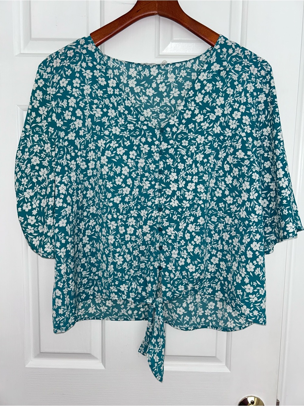 Lush Teal & White Floral Tie-Front Blouse